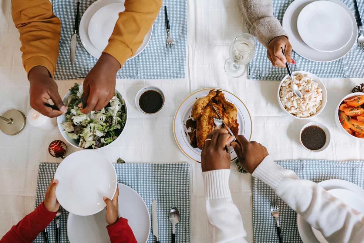 A table laid with several shared dishes